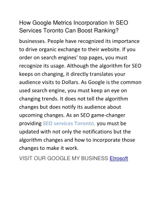How Google Metrics Incorporation In SEO Services Toronto Can Boost Ranking