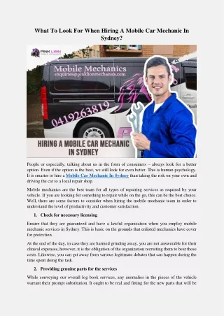 What To Look For When Hiring A Mobile Car Mechanic In Sydney