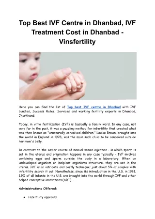 Top Best IVF Centre in Dhanbad, IVF Treatment Cost in Dhanbad - Vinsfertility