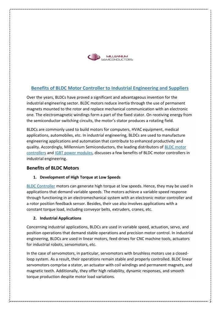 benefits of bldc motor controller to industrial