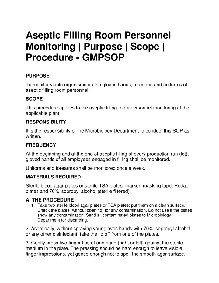 aseptic filling room personnel monitoring purpose