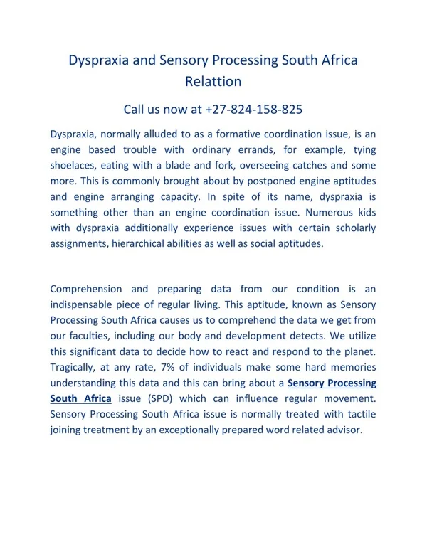 PPT - Dyspraxia and Sensory Processing South Africa Relattion ...