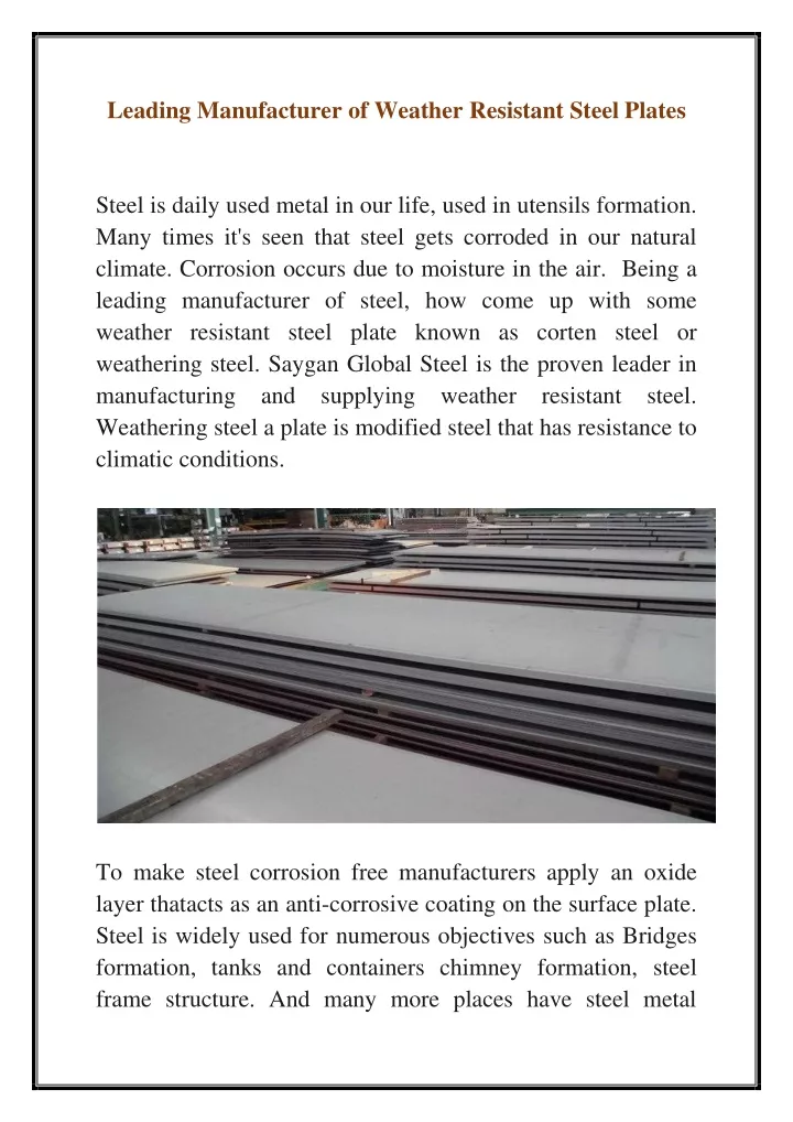 leading manufacturer of weather resistant steel