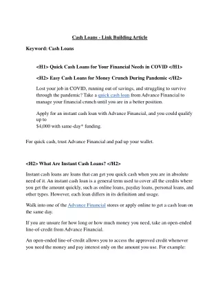 Quick Cash Loans for Your Financial Needs in COVID