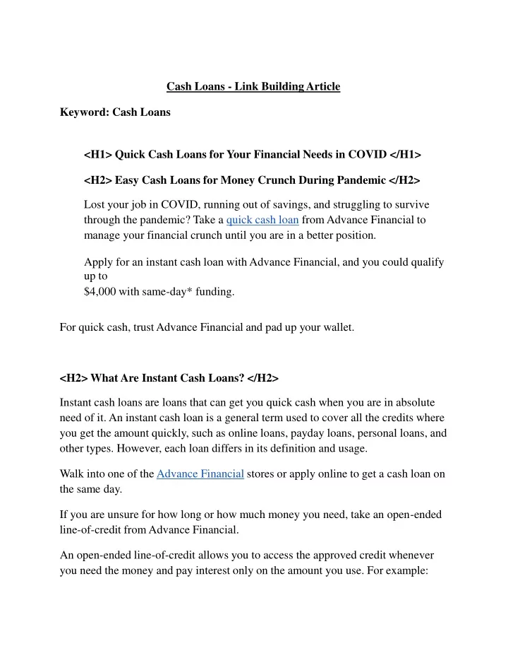 cash loans link building article keyword cash