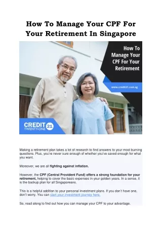 How To Manage Your CPF For Your Retirement In Singapore
