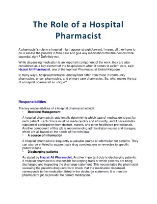 Hazrat Ali Pharmacist The Role of a Hospital Pharmacist