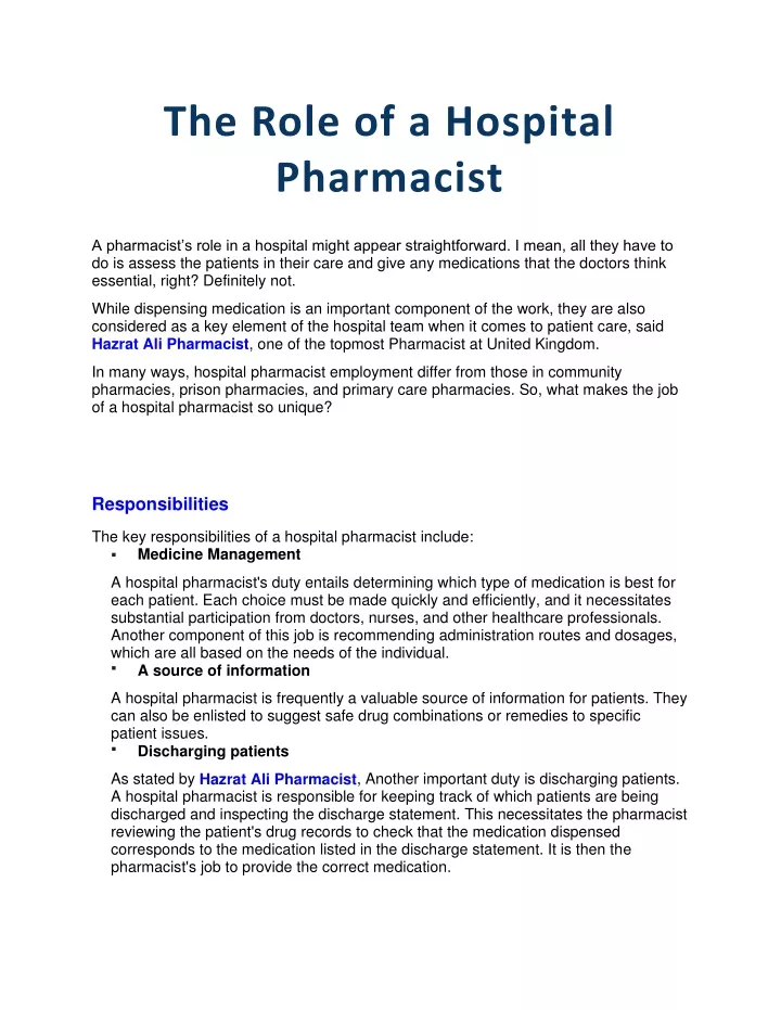 the role of a hospital pharmacist