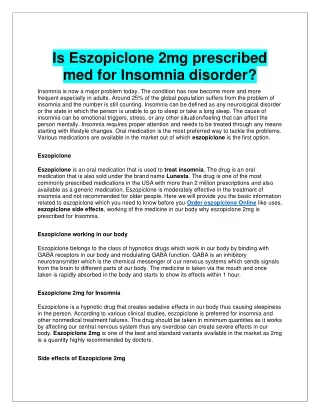 Is Eszopiclone 2mg prescribed med for Insomnia disorder?