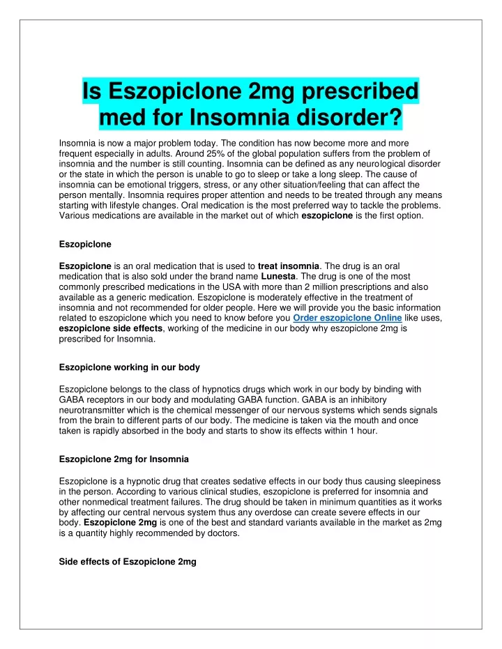 is eszopiclone 2mg prescribed med for insomnia