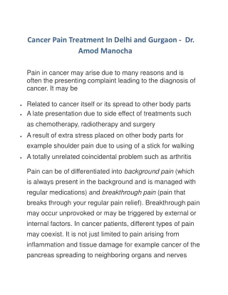 Cancer Pain Treatment In Delhi and Gurgaon