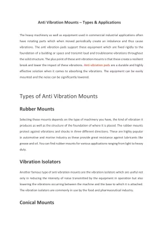 Anti Vibration Mounts – Types & Applications