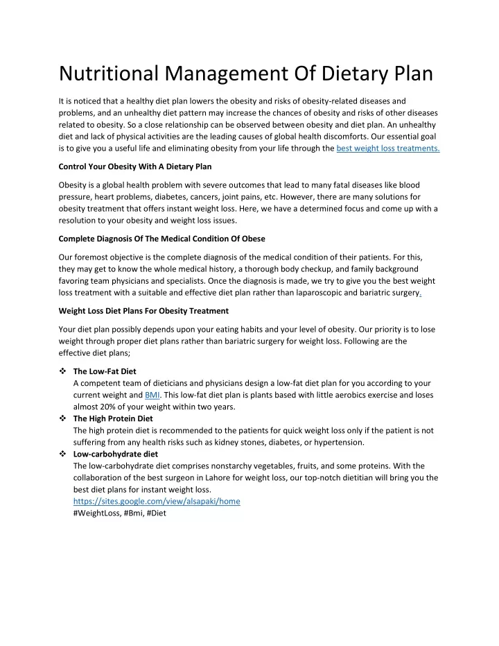nutritional management of dietary plan