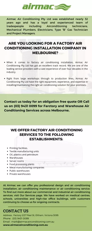 Are you looking for a factory air conditioning installation company in Melbourne