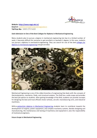 Seek Admission to One of the Best Colleges for Diploma in Mechanical Engineering