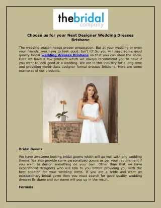 Choose us for your Next Designer Wedding Dresses Brisbane