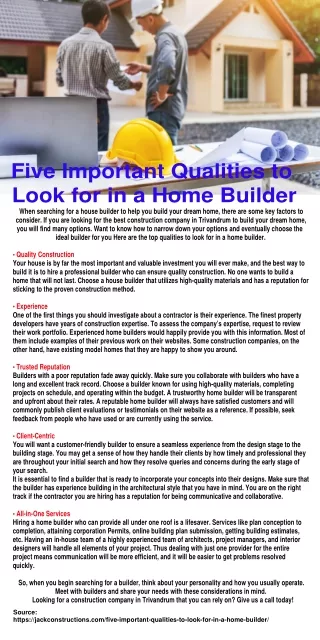 Five Important Qualities to Look for in a Home Builder | Jack Constructions