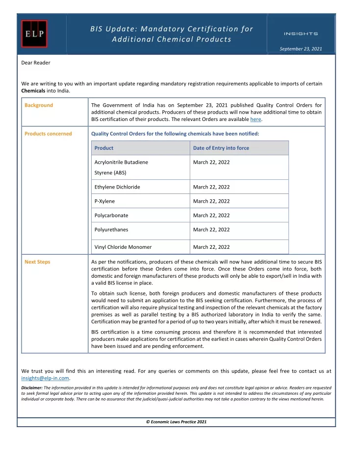 bis update mandatory certification for additional