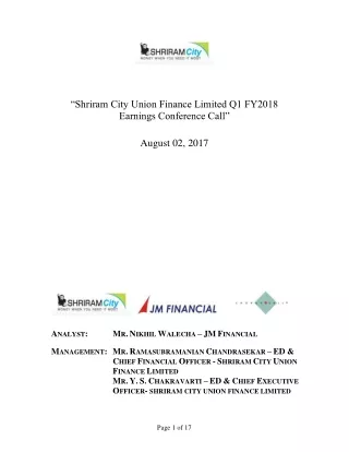 Shriram City Union Finance Limited Q1 FY2018