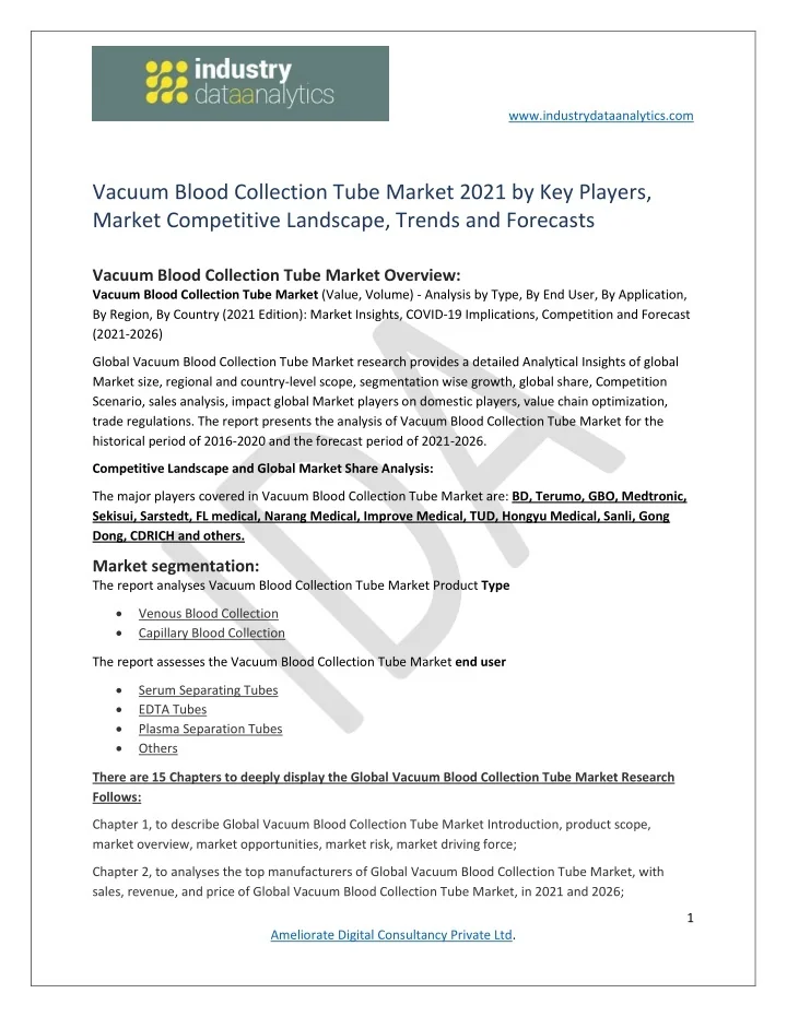 PPT Vacuum Blood Collection Tube Market Size 2026 Trend & Forecast