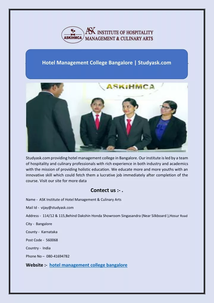 hotel management college bangalore studyask com