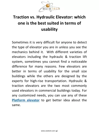 Traction vs. Hydraulic Elevator: which one is the best suited in terms of usabil