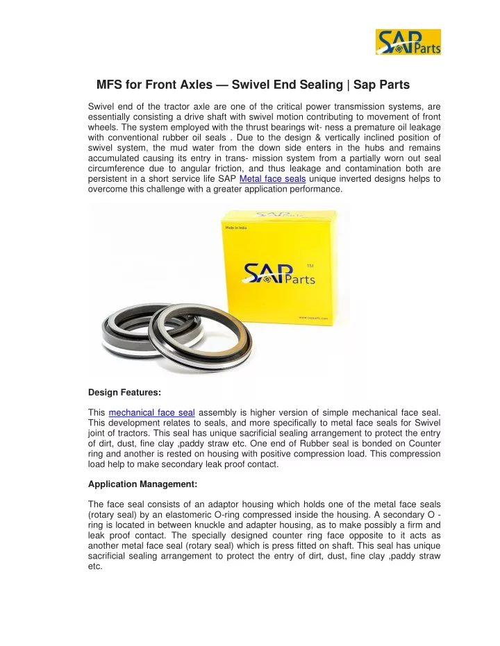 mfs for front axles swivel end sealing sap parts