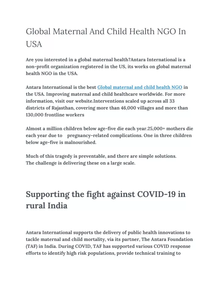 global maternal and child health ngo in usa