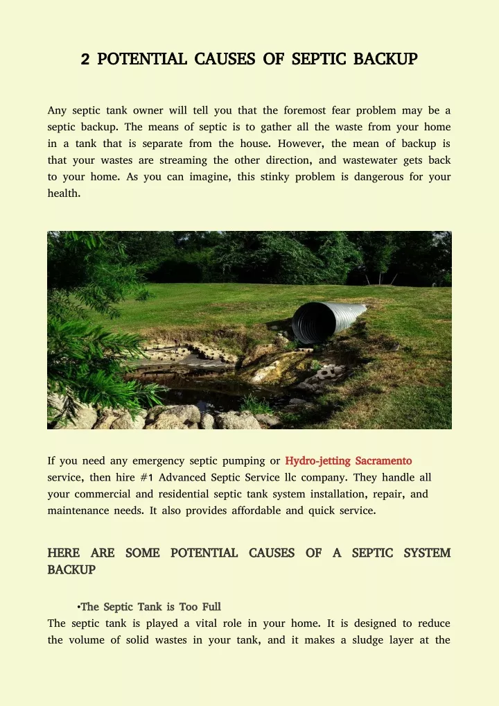 2 potential causes of septic backup 2 potential