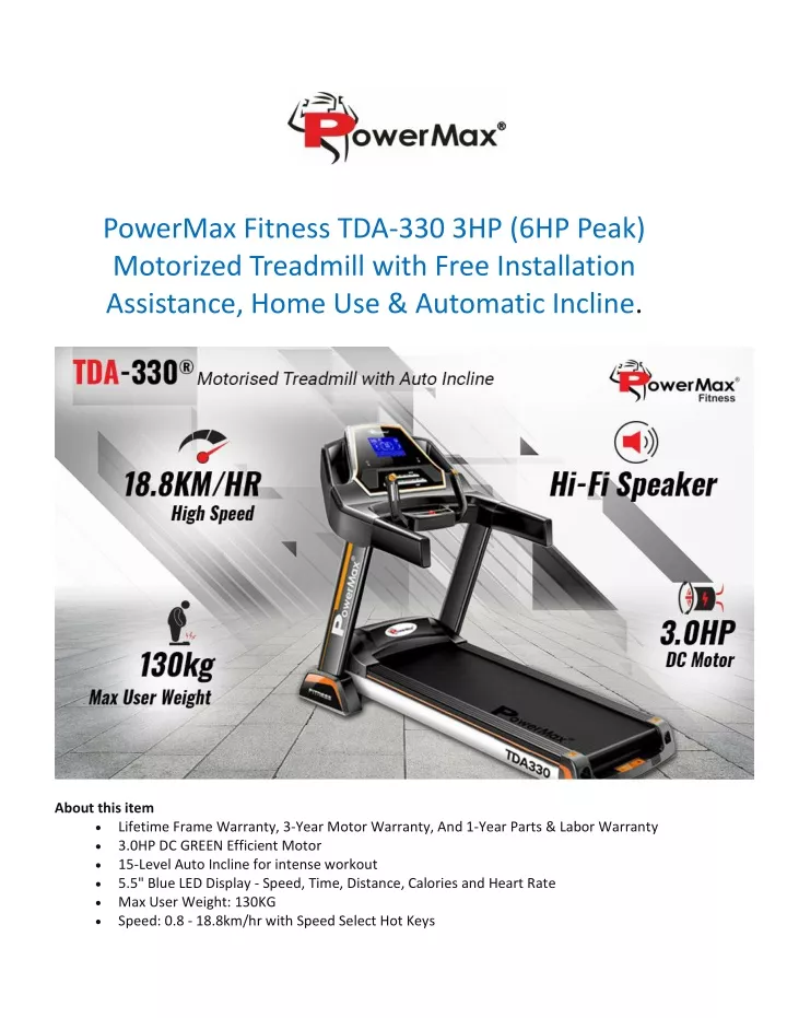 powermax fitness tda 330 3hp 6hp peak motorized
