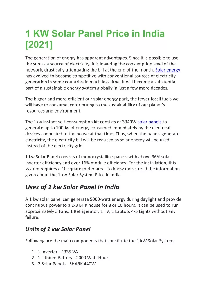 1 Kw Solar Panel Price In India