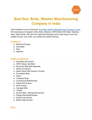 Best Nut, Bolts, Washer Manufacturing Company in India