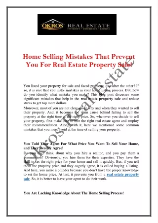 Home Selling Mistakes That Prevent You For Real Estate Property Sale