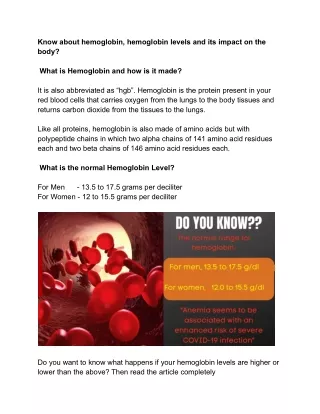 Facts about Hemoglobin and Hematocrit Levels in the RBC