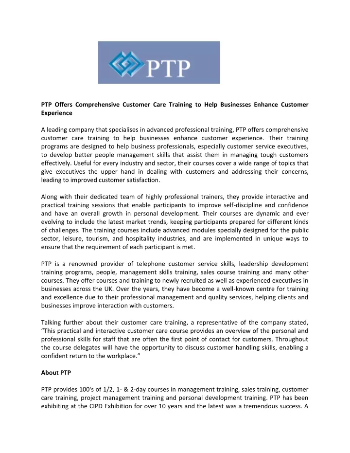 ptp offers comprehensive customer care training