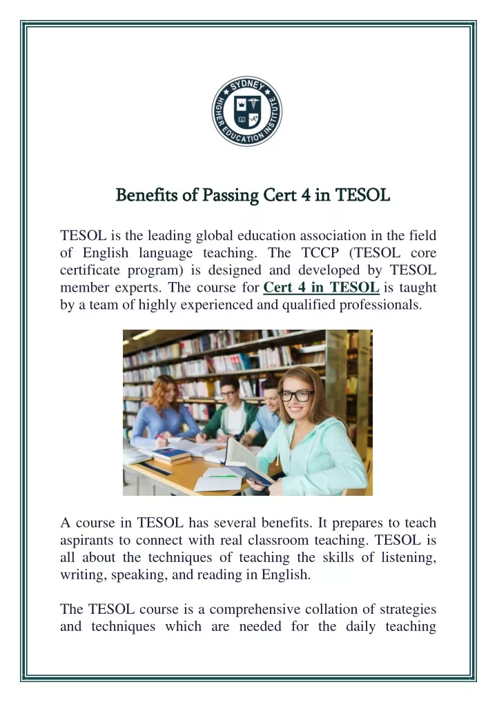 benefits of passing cert 4 in tesol benefits