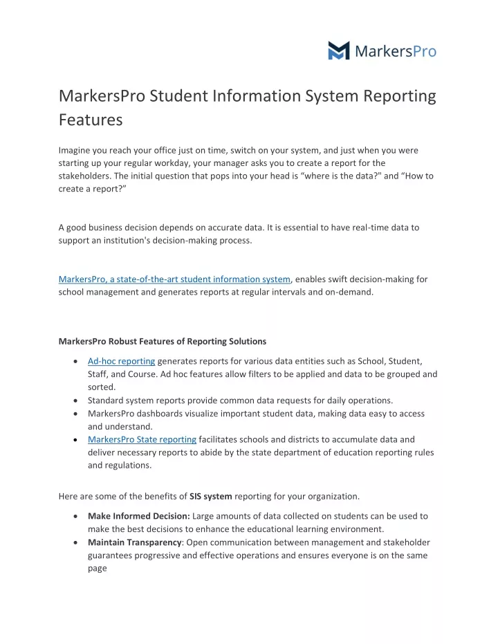 markerspro student information system reporting