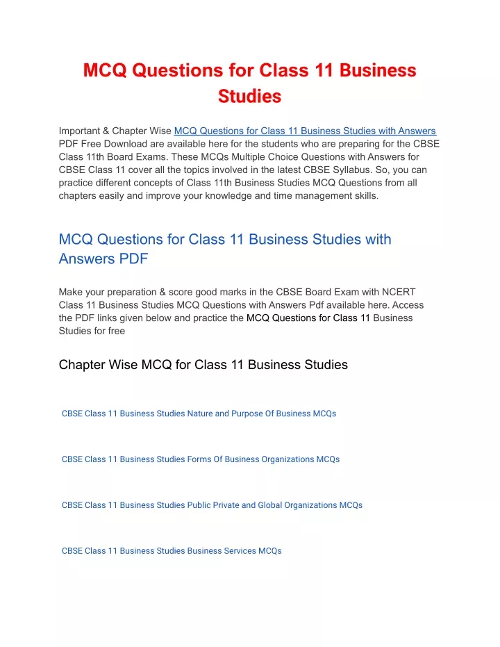 mcq questions for class 11 business studies