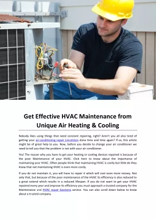Get Effective HVAC Maintenance from Unique Air Heating & Cooling