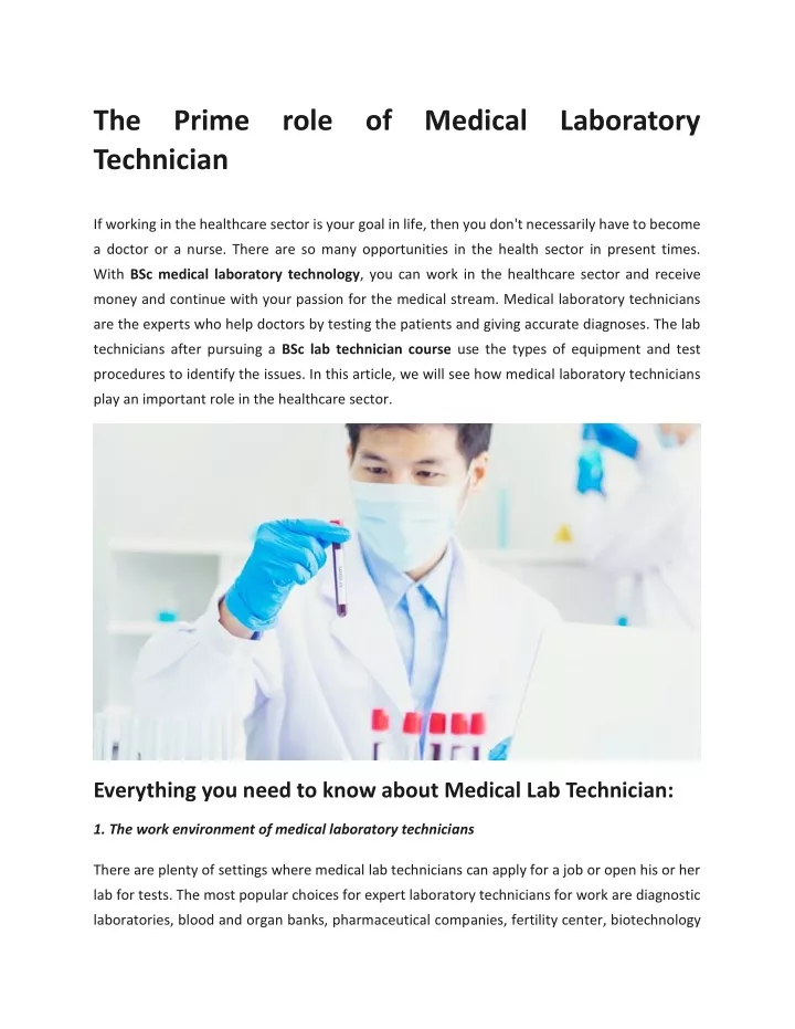 the prime role of medical laboratory technician