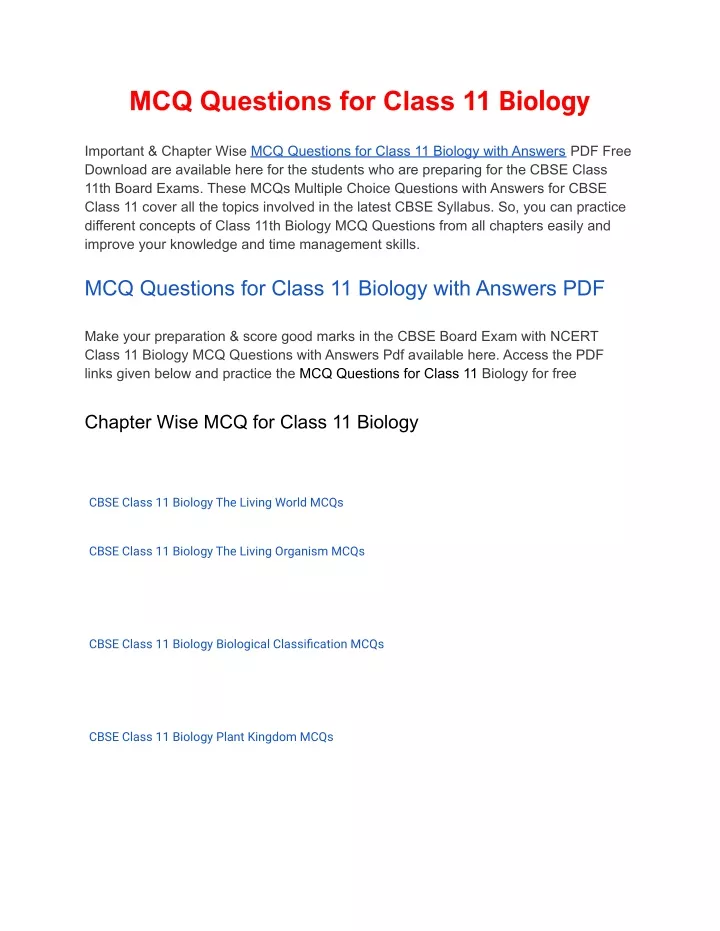 mcq questions for class 11 biology