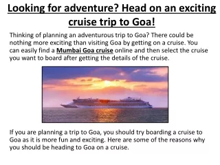 Looking for adventure Head on an exciting cruise trip to Goa