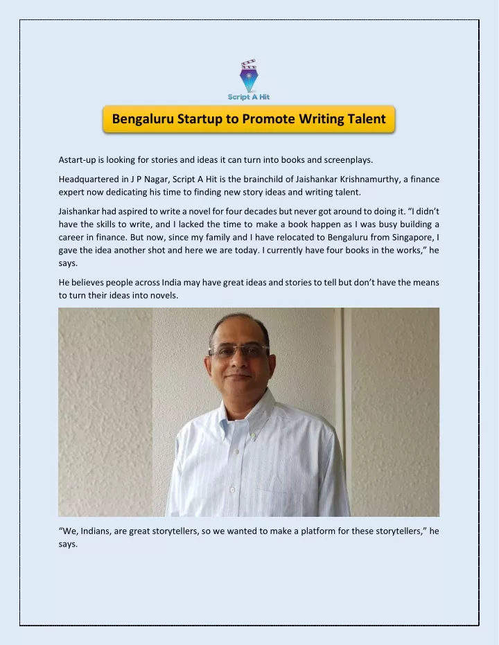 bengaluru startup to promote writing talent