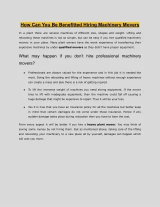 How Can You Be Benefitted Hiring Machinery Movers