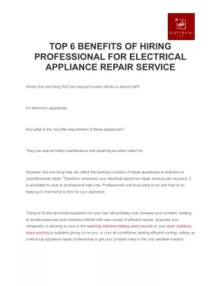 TOP 6 BENEFITS OF HIRING PROFESSIONAL FOR ELECTRICAL APPLIANCE REPAIR SERVICE