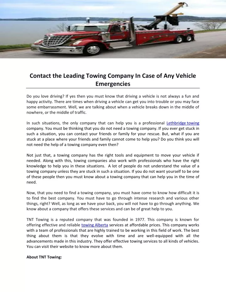 contact the leading towing company in case