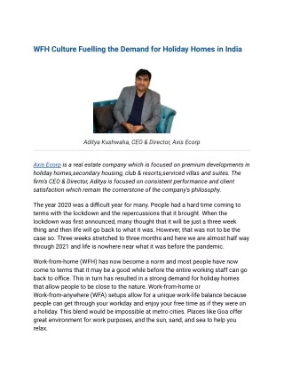 WFH Culture Fuelling the Demand for Holiday Homes in India - Aditya Kushwaha, Axis-e-Corp