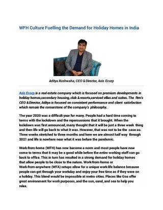 WFH Culture Fuelling the Demand for Holiday Homes in India - Aditya Kushwaha, Axis-e-Corp