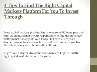4 Tips To Find The Right Capital Markets Platform For You To Invest Through