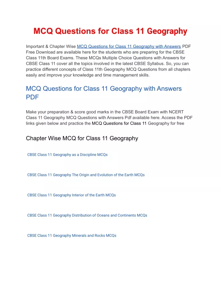 mcq questions for class 11 geography